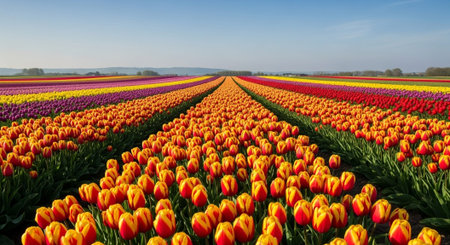 Tulips in an agricultural field in spring under a blue sky