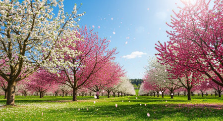 Blossoming apple orchard in spring, panoramic view