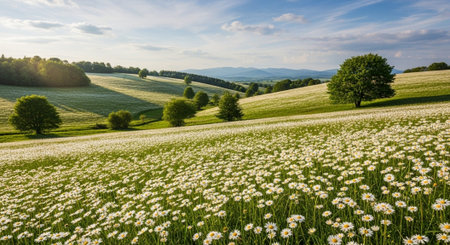 Panoramic view of a meadow with daisies.