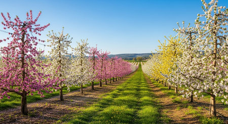 Panoramic view of a blooming fruit orchard in spring