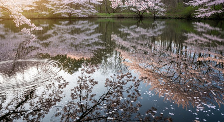 Cherry blossoms in full bloom with reflection in the lake.