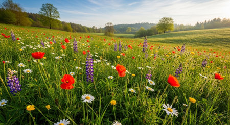 Beautiful spring meadow with poppies and wildflowers