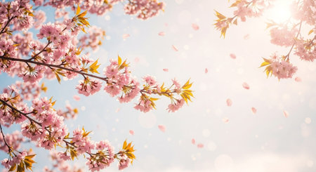 Beautiful cherry blossom sakura on blue sky background with bokeh