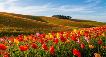 Field of poppies on a hillside in Tuscany, Italyの写真素材