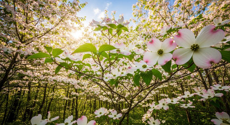 Beautiful blooming dogwood tree in the spring garden against the sun