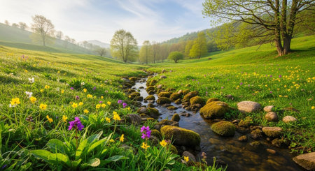Beautiful spring landscape with a small stream and daffodilsの写真素材