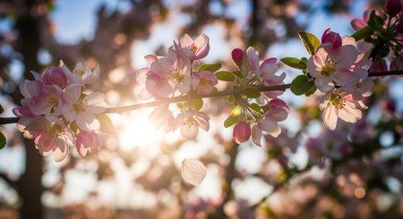 Blossoming branch of apple tree in the rays of the setting sunの写真素材