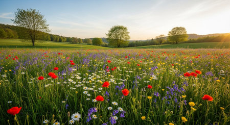 Sunset in a field with poppies and cornflowers