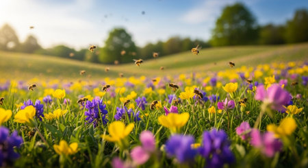 Bee flying over spring meadow with colorful crocus flowers and beesの写真素材
