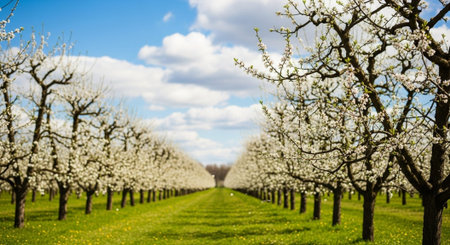 Blossoming fruit trees in orchard, spring season, Netherlands