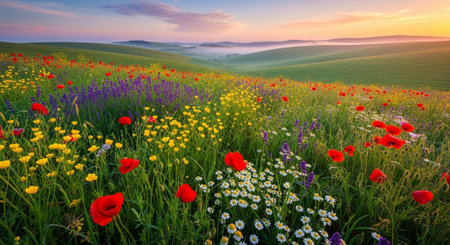 Beautiful sunrise in Tuscany, Italy. Colorful spring landscape.