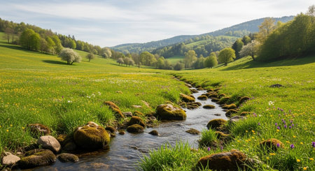 Meadow with spring flowers and a stream in the Carpathian mountains