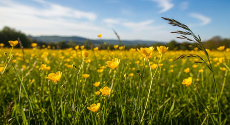 Yellow buttercups on a meadow with blue sky and mountains in the background
