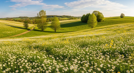 panoramic view of the spring meadow with daisies