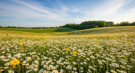 Panoramic view of the meadow with daisies.