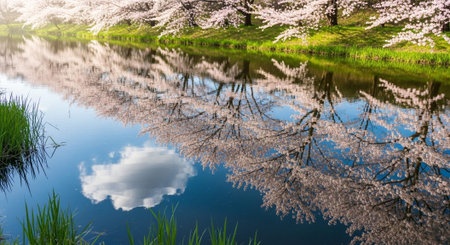 Cherry blossoms in full bloom with reflection of the sky and clouds