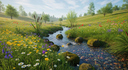 Spring meadow with flowers and a small stream in the center.