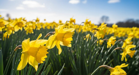Daffodils in a field on a sunny day in springの写真素材