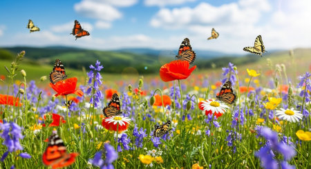 Summer meadow with poppies, cornflowers and butterfly