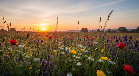 Sunset over a field with poppies and wildflowers