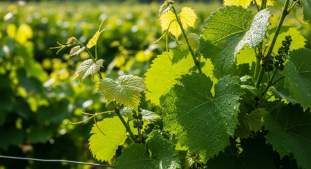 Green vineyard in the summer, close-up of leaves.