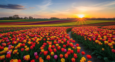 Sunset over tulip field in springtime, Holland, Netherlands