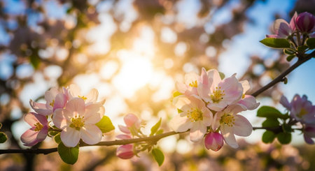 Blooming apple tree on a background of blue sky with sun rays.の写真素材