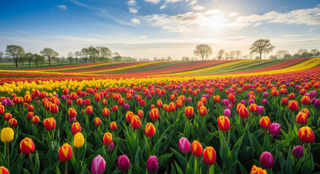 Tulips in a sunny field in spring, Holland, Netherlandsの写真素材