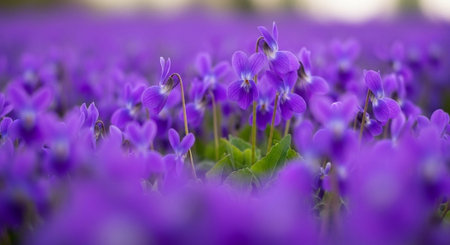 Purple viola flowers blooming in a field in springtime