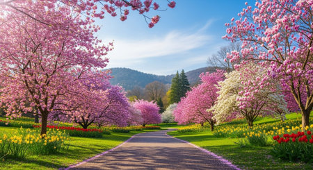 Beautiful spring landscape with blooming trees and flowers in the park