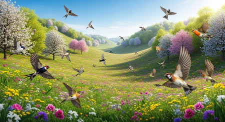 Spring blooming meadow with flying birds. 3d rendering.の写真素材
