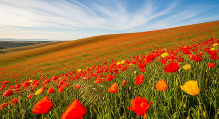 Red poppies on a field in spring. Tuscany, Italyの写真素材