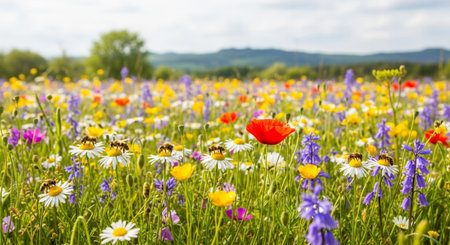 Wildflowers in a field in summer, panoramic view