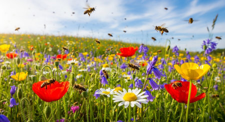 Wildflowers and bees in the meadow. Spring landscape.