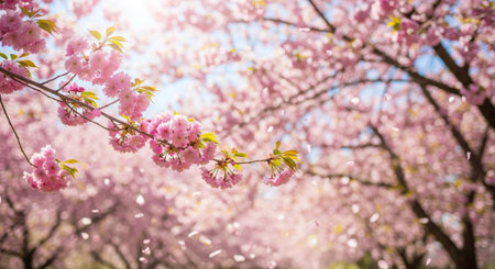cherry blossom in spring time with blue sky and sun flare
