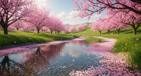 Cherry blossoms in full bloom in a spring landscape with a streamの写真素材