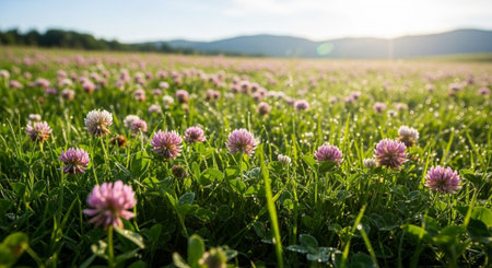 Beautiful clover field with flowers at sunset in summer, close upの写真素材