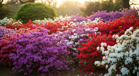 Colorful azalea flowers in the garden at sunset time.の写真素材