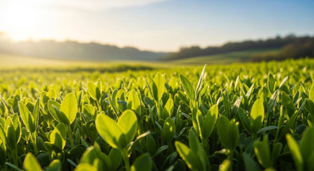 Green grass on the field in the morning light. Nature background.