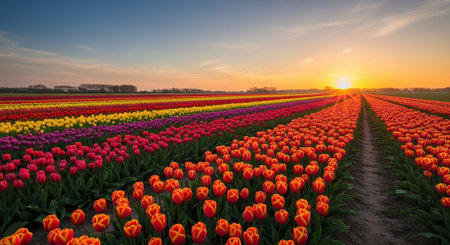 Tulips in a field at sunrise in spring, Holland, Netherlandsの写真素材