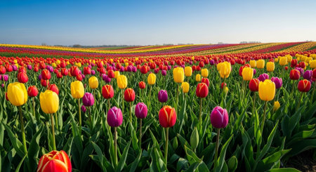 Colorful tulips growing in an agricultural field in sunlight in spring