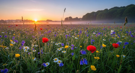 Sunrise over a meadow with poppies and cornflowers