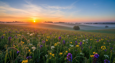 Sunrise over a field with wildflowers and fog in summer
