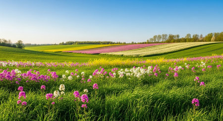Panoramic view of a colorful Dutch spring flower meadow.