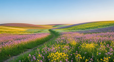 Meadow with flowers at sunset. Spring landscape. Panorama