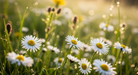 Beautiful daisies in the meadow in the morning light