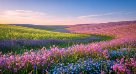 Colorful spring flowers on the meadow at sunset, panorama