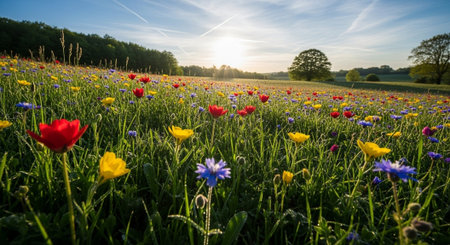 Flower meadow with poppies and cornflowers at sunset