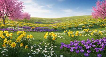Spring landscape with blooming daffodils and crocus flowers
