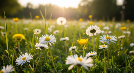 white daisies and dandelions on a meadow at sunsetの写真素材